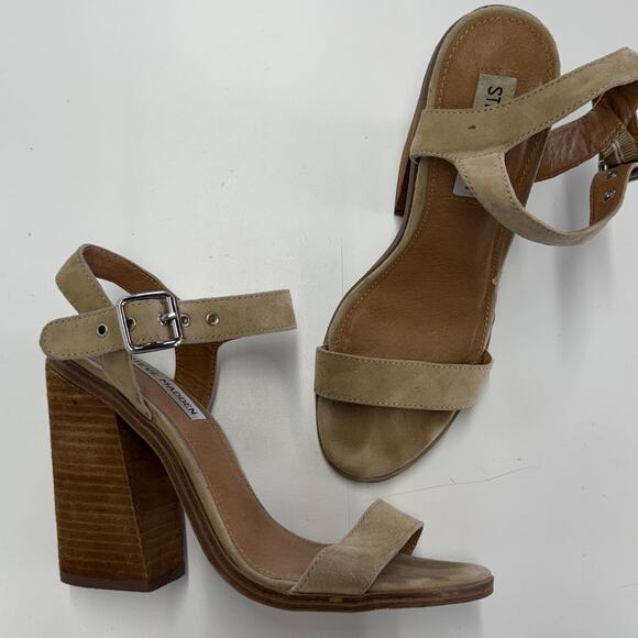 Steve Madden Heels Womens 7 Tan Alva Stacked Block Heel Open Toe Suede Leather - Picture 1 of 12
